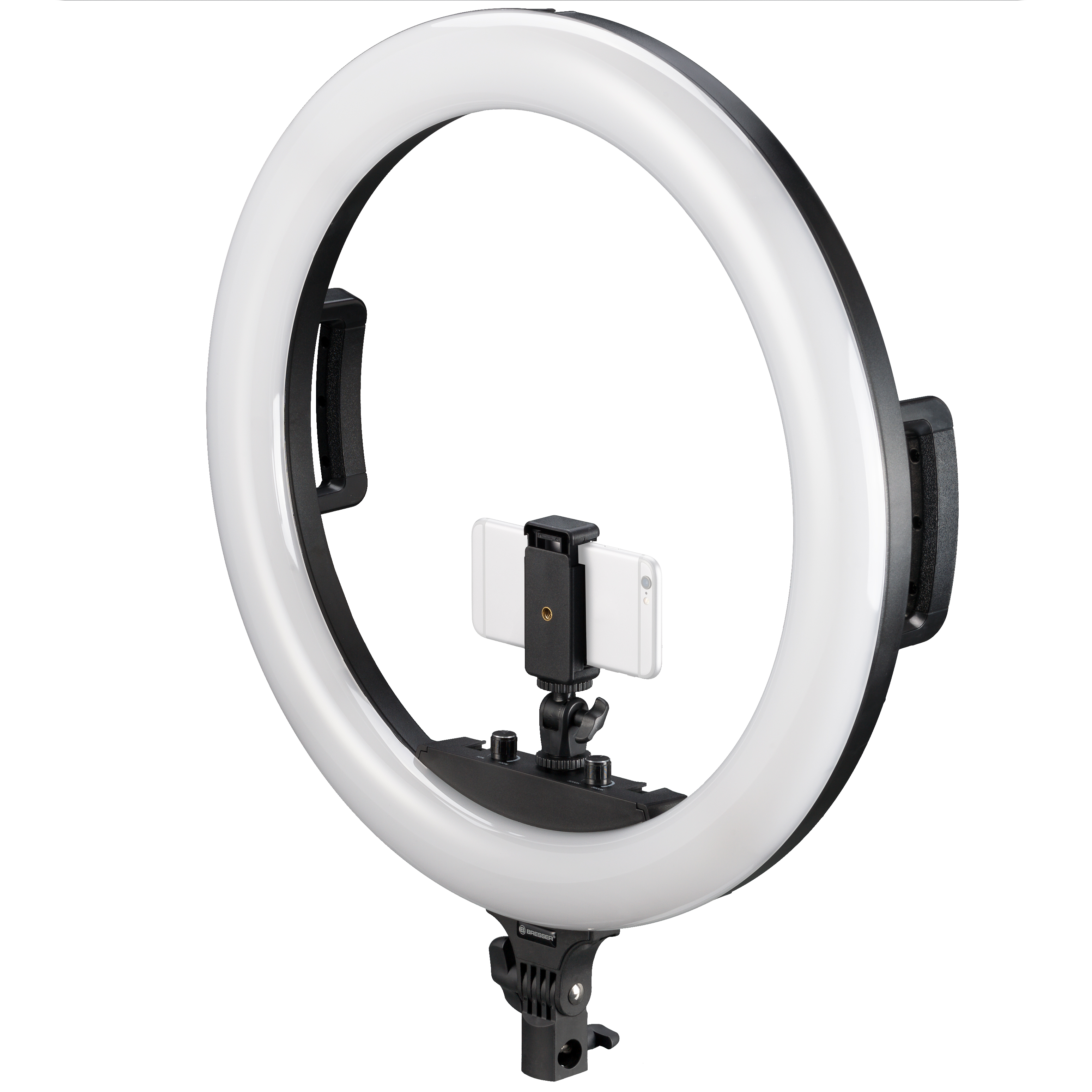 Lámpara de anillo LED bicolor BRESSER STR-48B de 48 W, atenuable, con soporte para cámara y smartphone